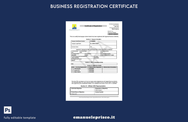 certificato di registrazione del contribuente in stile verificato dell'Uganda Mo